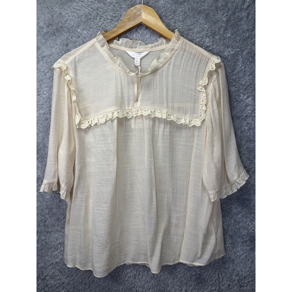 NWT LC Lauren Conrad Womens XL Cream Blouse Eyelet Lace Ruffle Boho Romantic